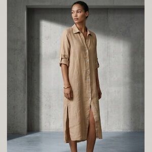 NEW Zara 100% Linen Maxi Shirt Dress Neutral Tan Basic Lightweight Summer Small
